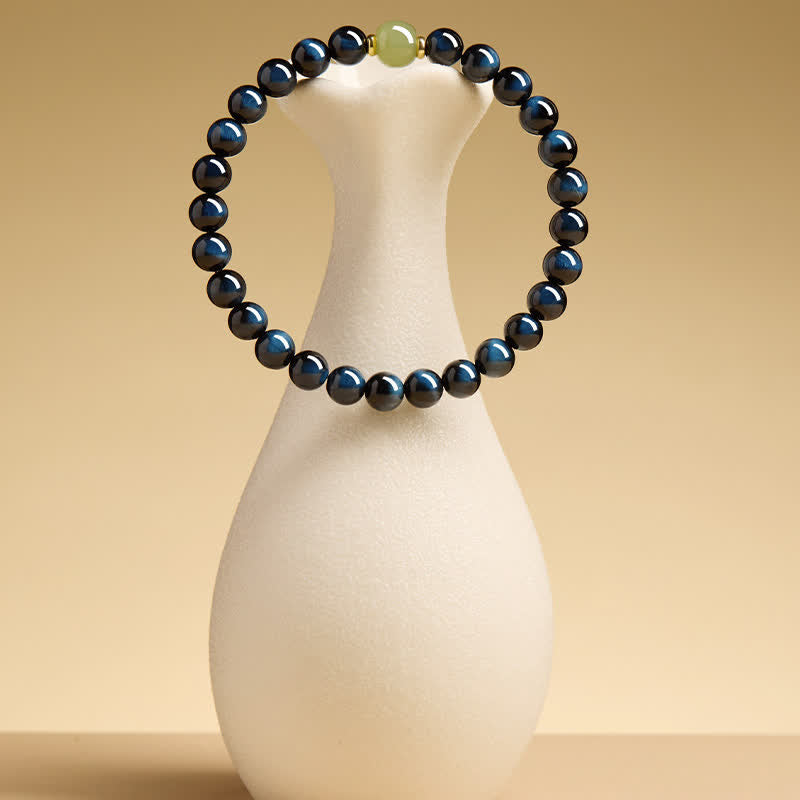 Buddha Stones Pulsera de cuentas redondas de jade Hetian ojo de tigre azul, pulsera de intuición - image 2