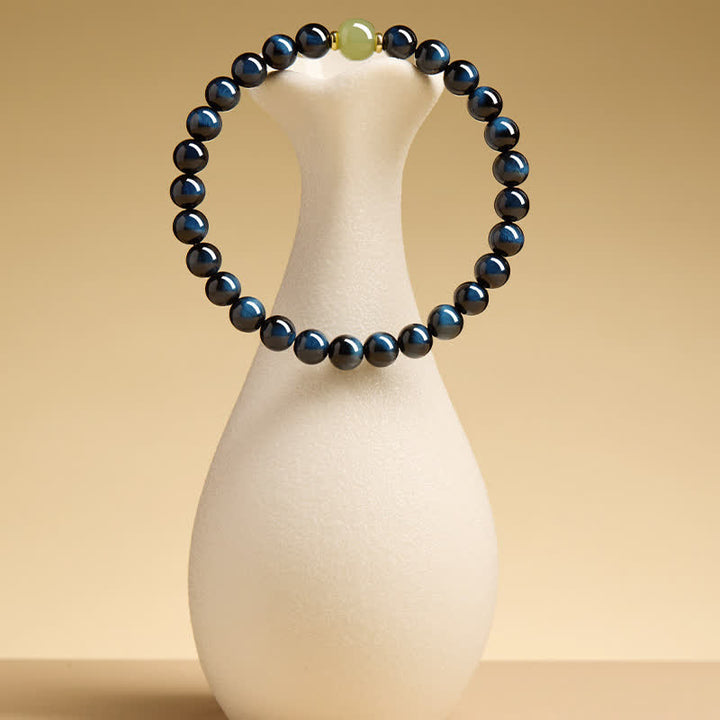 Buddha Stones Pulsera de cuentas redondas de jade Hetian ojo de tigre azul, pulsera de intuición - image 2