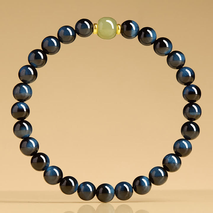 Buddha Stones Pulsera de cuentas redondas de jade Hetian ojo de tigre azul, pulsera de intuición - image 3