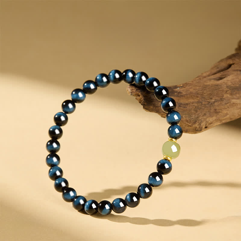 Buddha Stones Pulsera de cuentas redondas de jade Hetian ojo de tigre azul, pulsera de intuición - image 4