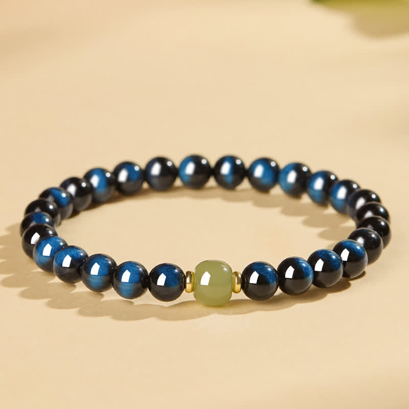 Buddha Stones Pulsera de cuentas redondas de jade Hetian ojo de tigre azul, pulsera de intuición - image 8