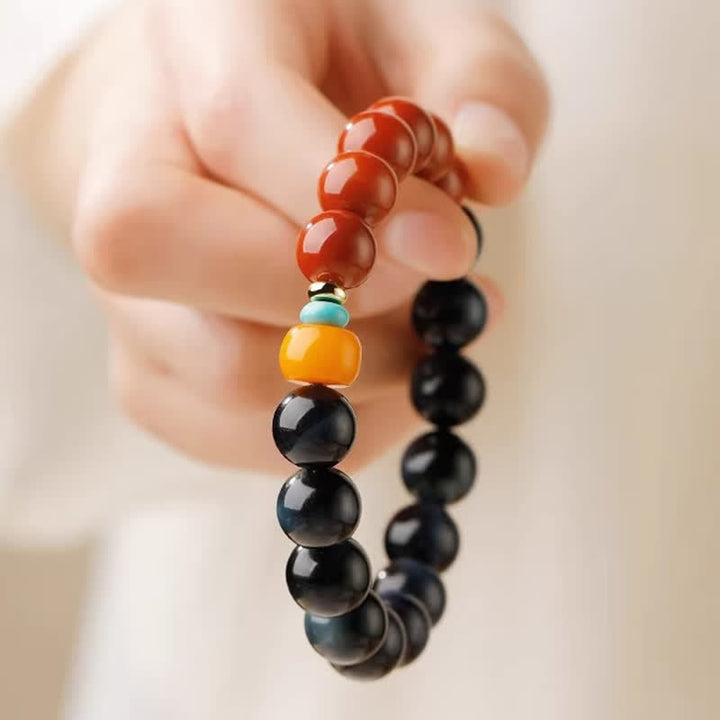 Buddha Stones Pulsera de cuentas redondas de ágata roja y ojo de tigre azul del sur - image 9