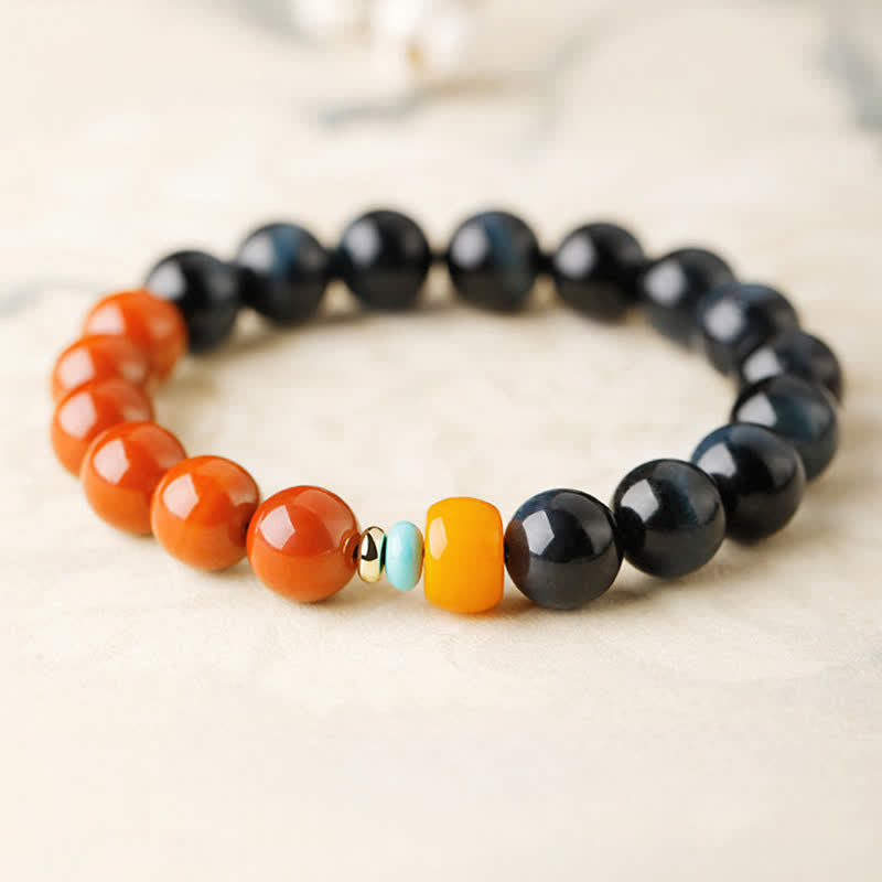Buddha Stones Pulsera de cuentas redondas de ágata roja y ojo de tigre azul del sur - Ágata Roja del Sur (Fortuna ♥ Poder) - image 0