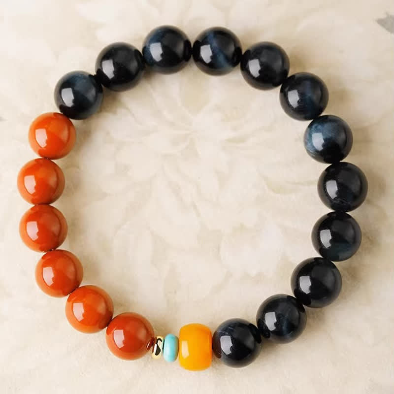 Buddha Stones Pulsera de cuentas redondas de ágata roja y ojo de tigre azul del sur - image 3