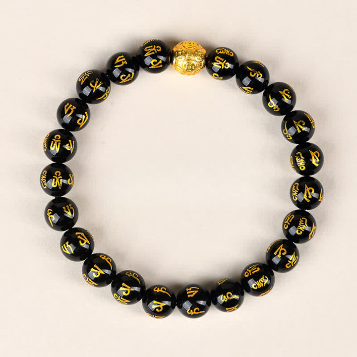 Buddha Stones Pulsera de fuerza Om Mani Padme Hum de obsidiana negra - 8 mm - image 0