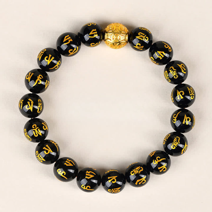 Buddha Stones Pulsera de fuerza Om Mani Padme Hum de obsidiana negra - 10 mm - image 1