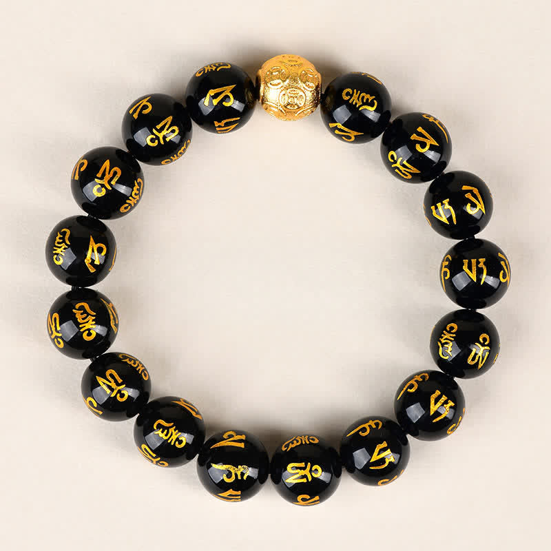 Buddha Stones Pulsera de fuerza Om Mani Padme Hum de obsidiana negra - 12 mm - image 2