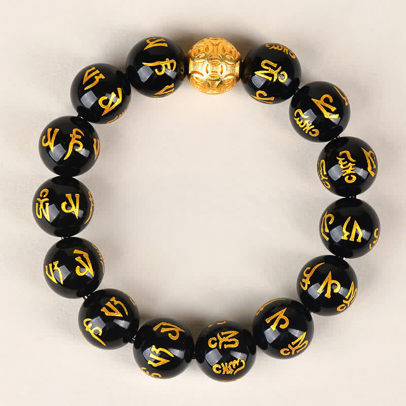 Buddha Stones Pulsera de fuerza Om Mani Padme Hum de obsidiana negra - 14 mm - image 9