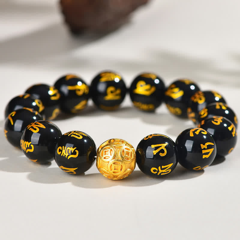 Buddha Stones Pulsera de fuerza Om Mani Padme Hum de obsidiana negra - image 13