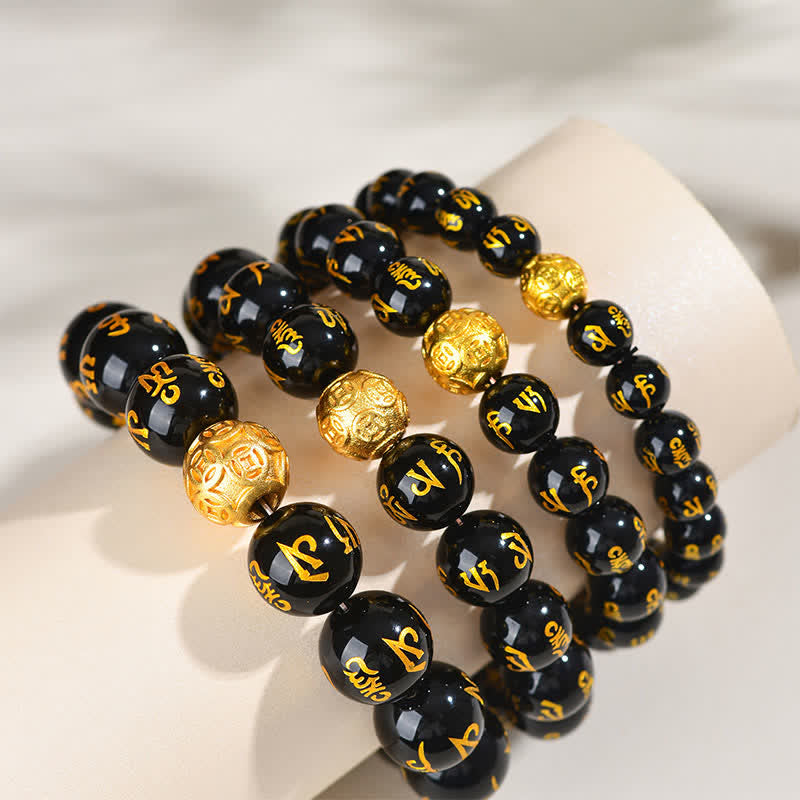 Buddha Stones Pulsera de fuerza Om Mani Padme Hum de obsidiana negra - image 14
