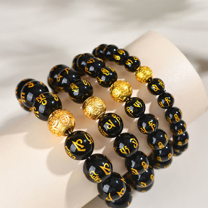 Buddha Stones Pulsera de fuerza Om Mani Padme Hum de obsidiana negra - image 14