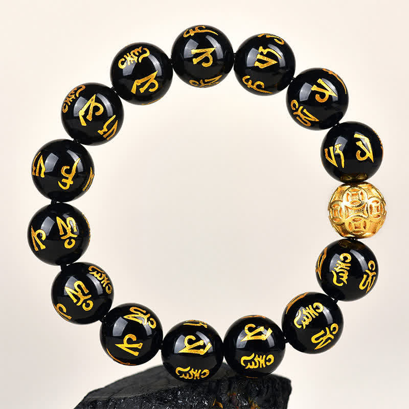 Buddha Stones Pulsera de fuerza Om Mani Padme Hum de obsidiana negra - image 11