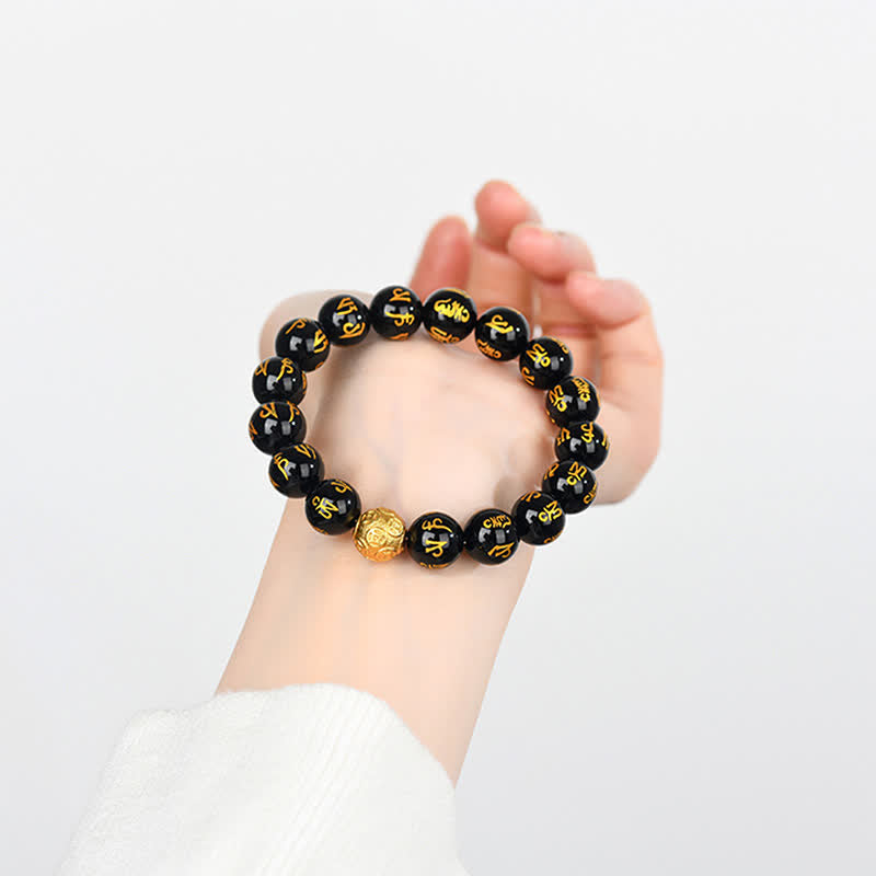 Buddha Stones Pulsera de fuerza Om Mani Padme Hum de obsidiana negra - image 4