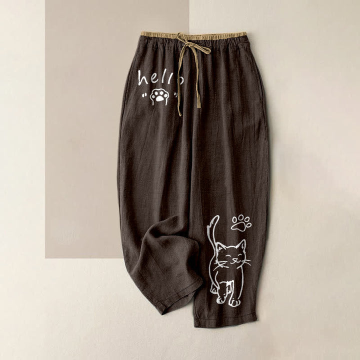 Buddha Stones Pantalones de mujer de algodón puro con estampado de huellas de gato y cintura elástica con bolsillos. - Marrón silla de montar - US16，UK/AU20，EU48 (3XL) - image 5