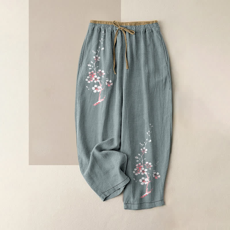 Buddha Stones Pantalones de mujer de algodón puro con estampado de ramas florales orientales, cintura elástica y bolsillos. - Azul cadete - US16，UK/AU20，EU48 (3XL) - image 5