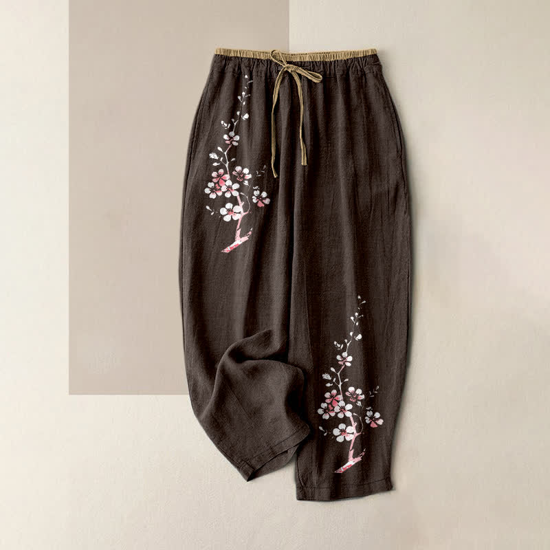 Buddha Stones Pantalones de mujer de algodón puro con estampado de ramas florales orientales, cintura elástica y bolsillos. - Marrón silla de montar - US16，UK/AU20，EU48 (3XL) - image 0