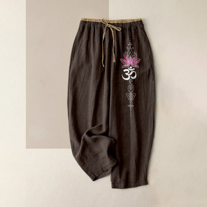 Buddha Stones Pantalones de mujer de algodón puro con estampado Zen Lotus Om, cintura elástica y bolsillos. - Marrón silla de montar - US16，UK/AU20，EU48 (3XL) - image 4