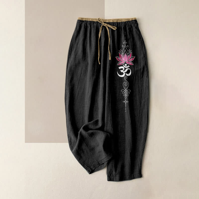Buddha Stones Pantalones de mujer de algodón puro con estampado Zen Lotus Om, cintura elástica y bolsillos. - Negro - US16，UK/AU20，EU48 (3XL) - image 0