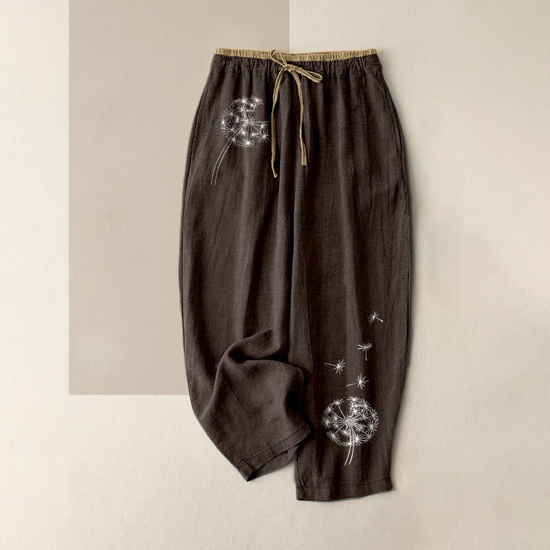 Buddha Stones Pantalones de mujer de algodón puro con estampado de diente de león blanco, cintura elástica y bolsillos. - Marrón silla de montar - US16，UK/AU20，EU48 (3XL) - image 5
