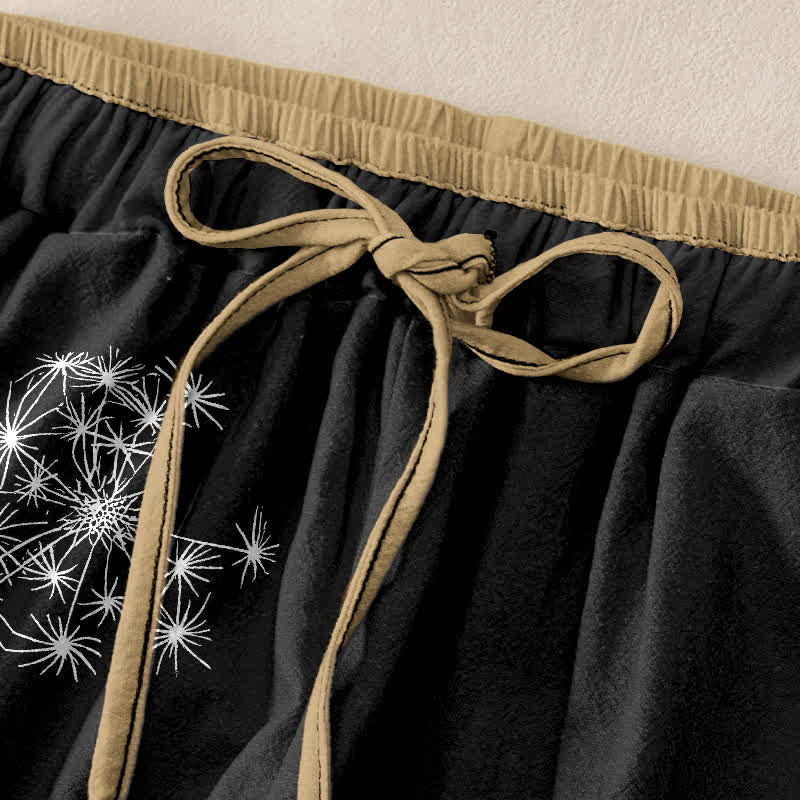 Buddha Stones Pantalones de mujer de algodón puro con estampado de diente de león blanco, cintura elástica y bolsillos. - image 1