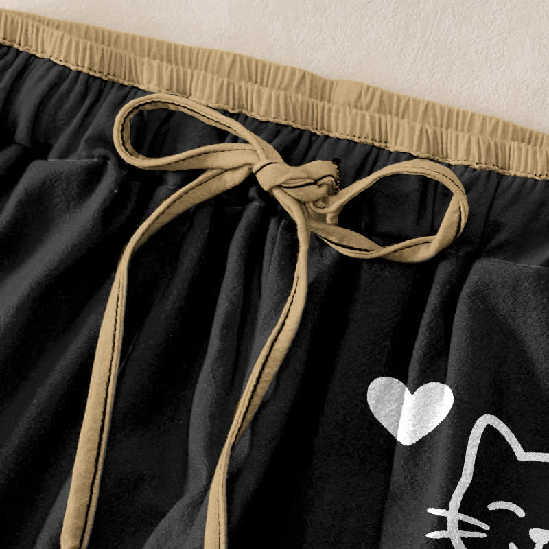 Buddha Stones Pantalones de mujer de algodón puro con estampado de huellas de gato en forma de corazón y cintura elástica con bolsillos. - image 1