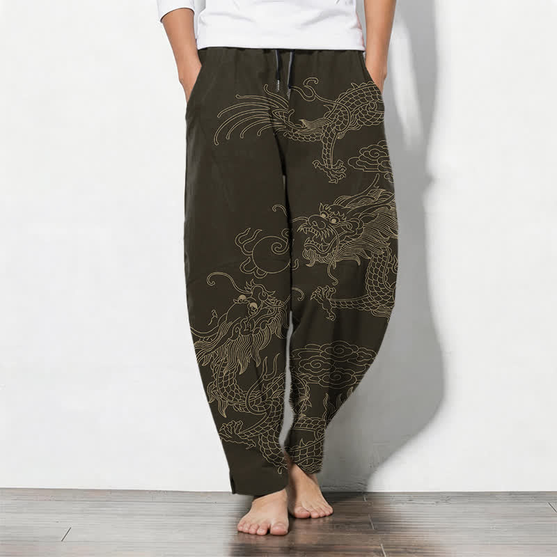 Buddha Stones Pantalones de hombre de algodón puro con estampado de nube y dragón dorado, cordón ajustable y corte cónico, con bolsillos. - Marrón silla de montar - US/UK/AU50, EU60 (5XL) - image 0