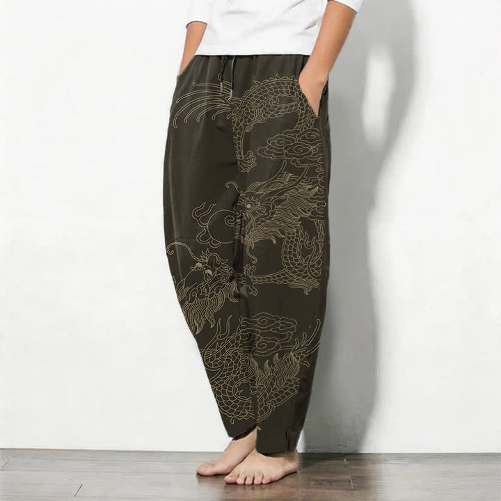 Buddha Stones Pantalones de hombre de algodón puro con estampado de nube y dragón dorado, cordón ajustable y corte cónico, con bolsillos. - image 1