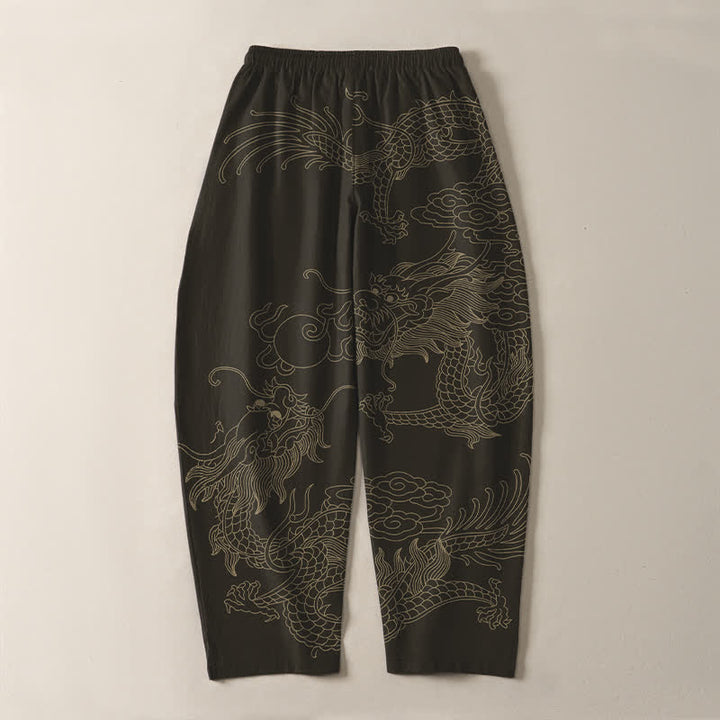 Buddha Stones Pantalones de hombre de algodón puro con estampado de nube y dragón dorado, cordón ajustable y corte cónico, con bolsillos. - Negro - US/UK/AU50, EU60 (5XL) - image 3