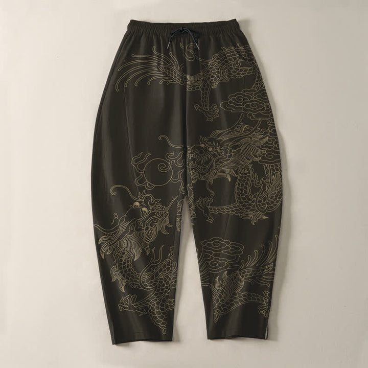 Buddha Stones Pantalones de hombre de algodón puro con estampado de nube y dragón dorado, cordón ajustable y corte cónico, con bolsillos. - image 2