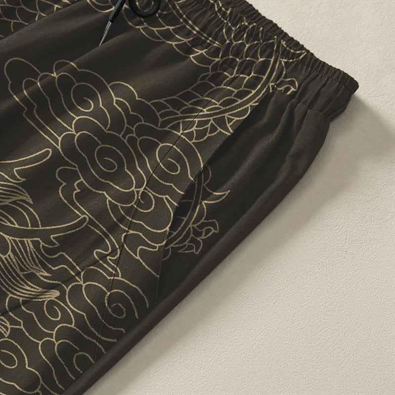 Buddha Stones Pantalones de hombre de algodón puro con estampado de nube y dragón dorado, cordón ajustable y corte cónico, con bolsillos. - image 4