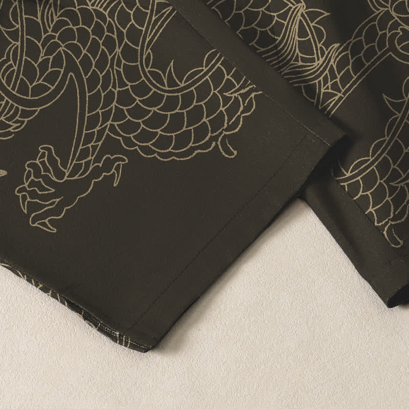 Buddha Stones Pantalones de hombre de algodón puro con estampado de nube y dragón dorado, cordón ajustable y corte cónico, con bolsillos. - image 5