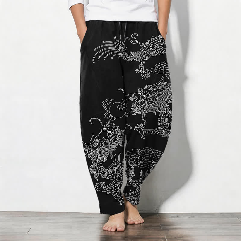 Buddha Stones Pantalones de hombre de algodón puro con estampado de nube y dragón dorado, cordón ajustable y corte cónico, con bolsillos. - image 7