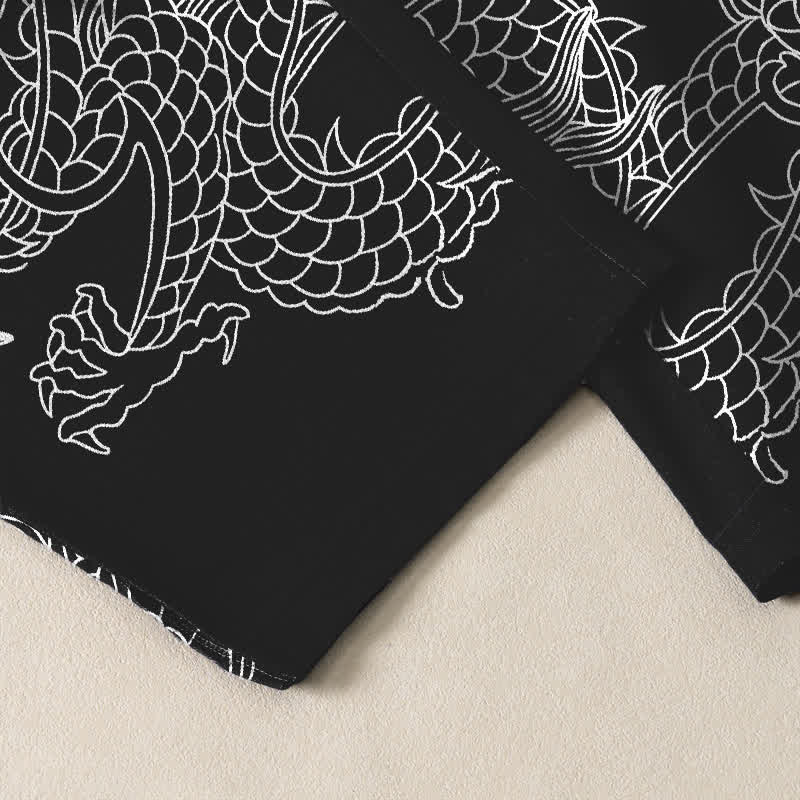Buddha Stones Pantalones de hombre de algodón puro con estampado de nube y dragón dorado, cordón ajustable y corte cónico, con bolsillos. - image 12