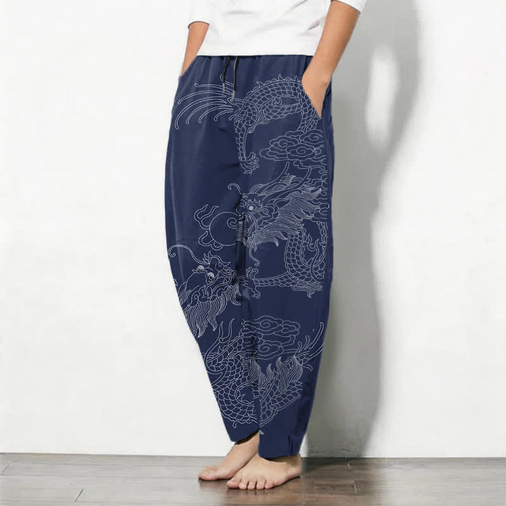 Buddha Stones Pantalones de hombre de algodón puro con estampado de nube y dragón dorado, cordón ajustable y corte cónico, con bolsillos. - image 15