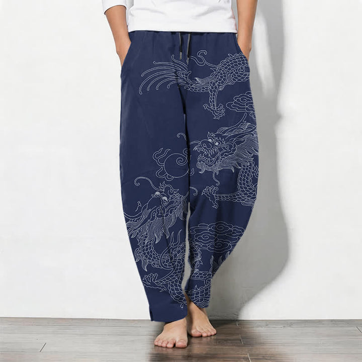 Buddha Stones Pantalones de hombre de algodón puro con estampado de nube y dragón dorado, cordón ajustable y corte cónico, con bolsillos. - Marina de guerra - US/UK/AU50, EU60 (5XL) - image 14