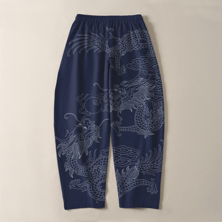 Buddha Stones Pantalones de hombre de algodón puro con estampado de nube y dragón dorado, cordón ajustable y corte cónico, con bolsillos. - image 17