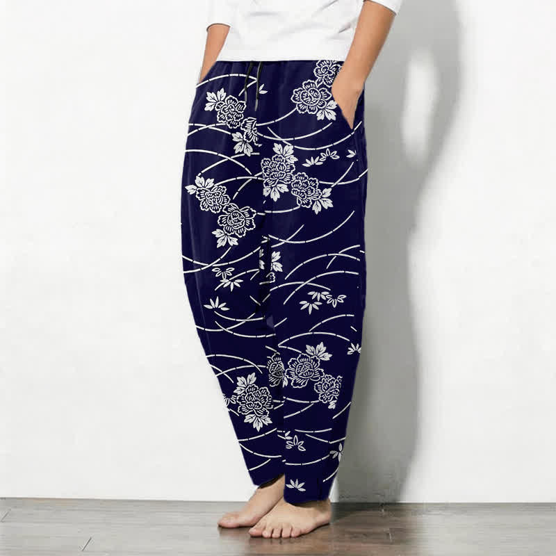 Buddha Stones Pantalones de hombre de algodón puro, color blanco, con estampado floral de enredaderas, cordón ajustable y corte cónico, con bolsillos. - image 1