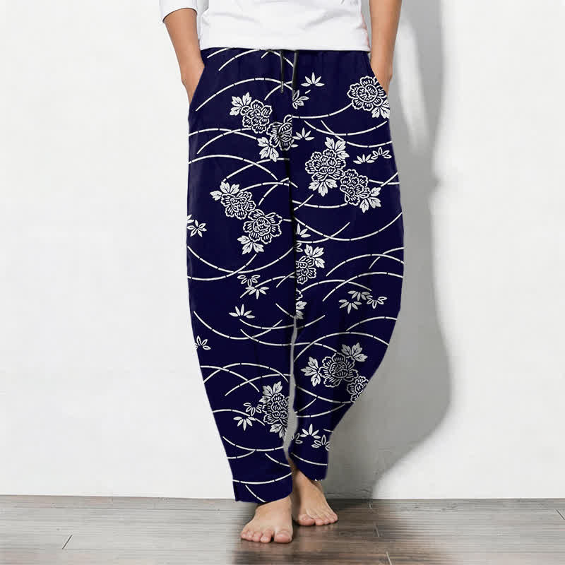 Buddha Stones Pantalones de hombre de algodón puro, color blanco, con estampado floral de enredaderas, cordón ajustable y corte cónico, con bolsillos. - Marina de guerra - US/UK/AU50, EU60 (5XL) - image 0