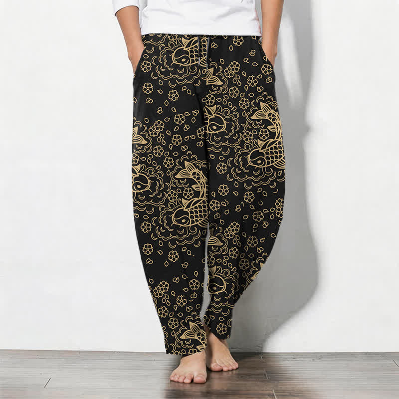Buddha Stones Pantalones de hombre de algodón puro con estampado floral de peces koi dorados, cordón ajustable y corte cónico, con bolsillos. - Negro - US/UK/AU50, EU60 (5XL) - image 0