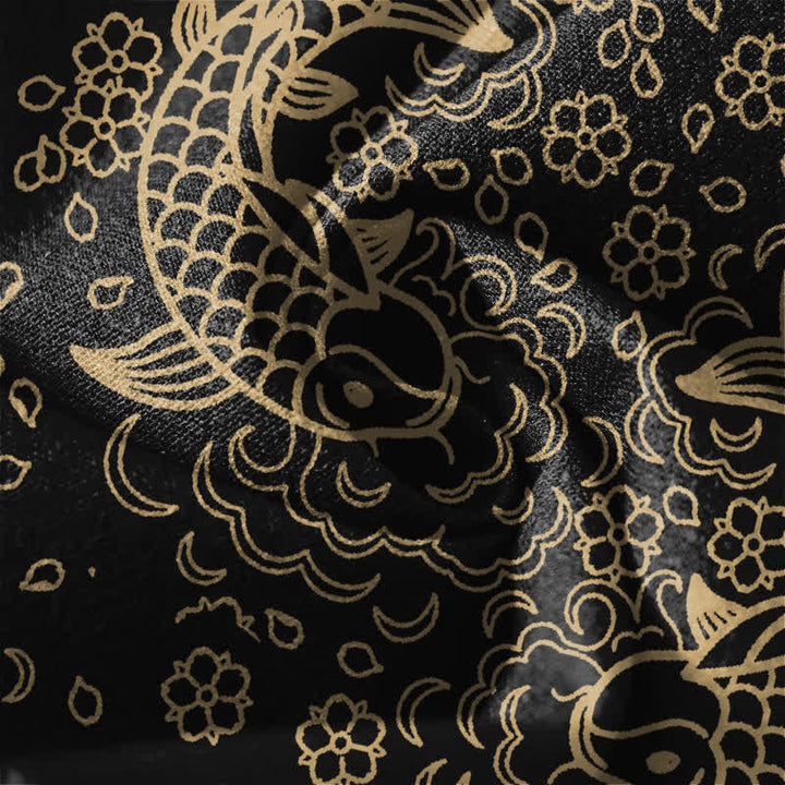 Buddha Stones Pantalones de hombre de algodón puro con estampado floral de peces koi dorados, cordón ajustable y corte cónico, con bolsillos. - image 6