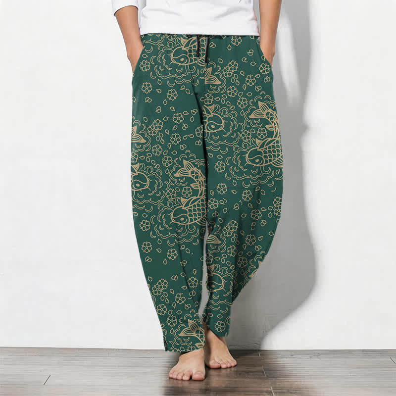 Buddha Stones Pantalones de hombre de algodón puro con estampado floral de peces koi dorados, cordón ajustable y corte cónico, con bolsillos. - Verde oscuro - US/UK/AU50, EU60 (5XL) - image 11