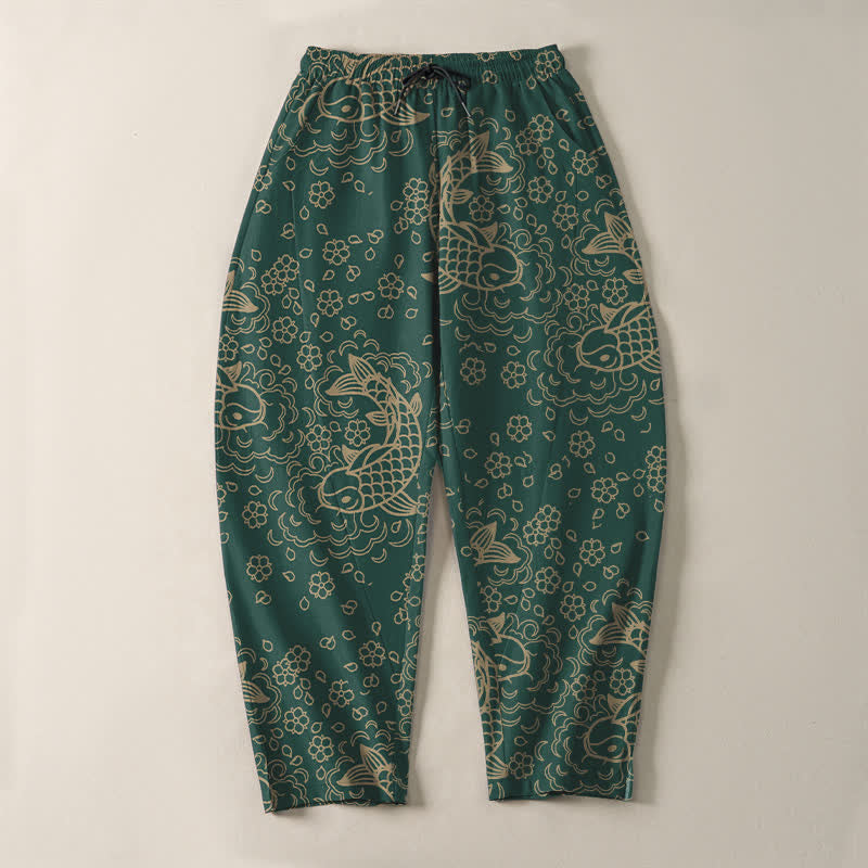 Buddha Stones Pantalones de hombre de algodón puro con estampado floral de peces koi dorados, cordón ajustable y corte cónico, con bolsillos. - image 13