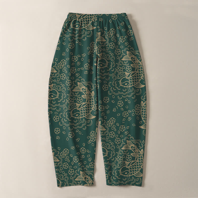 Buddha Stones Pantalones de hombre de algodón puro con estampado floral de peces koi dorados, cordón ajustable y corte cónico, con bolsillos. - image 14