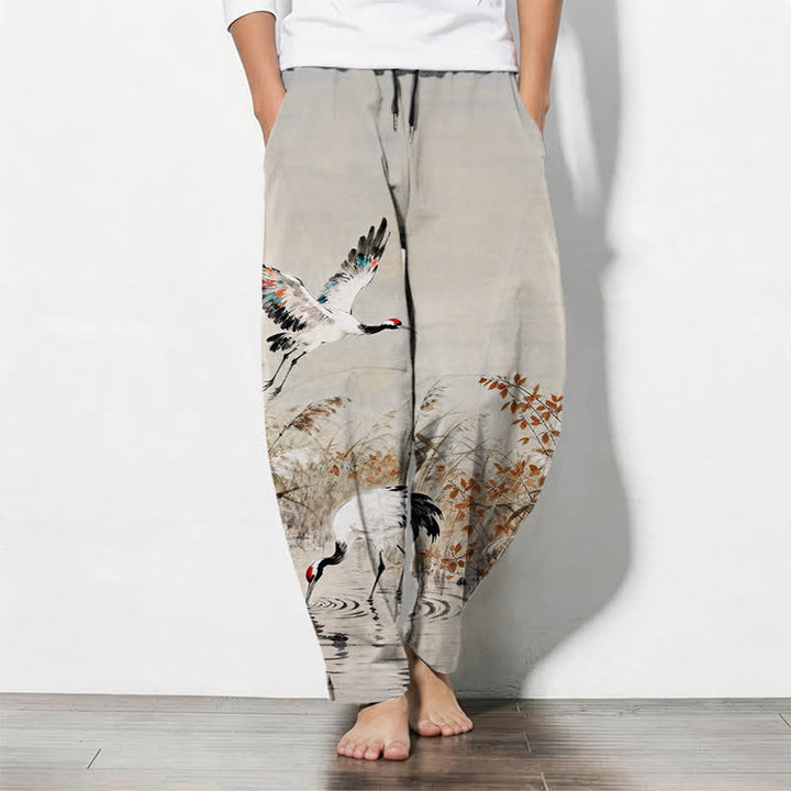 Buddha Stones Pantalones de hombre de algodón puro con estampado de grullas y cordones, corte ajustado y bolsillos. - Beige - US/UK/AU50, EU60 (5XL) - image 0