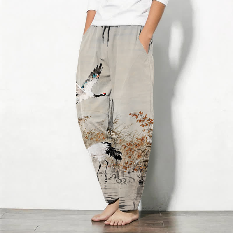 Buddha Stones Pantalones de hombre de algodón puro con estampado de grullas y cordones, corte ajustado y bolsillos. - image 1
