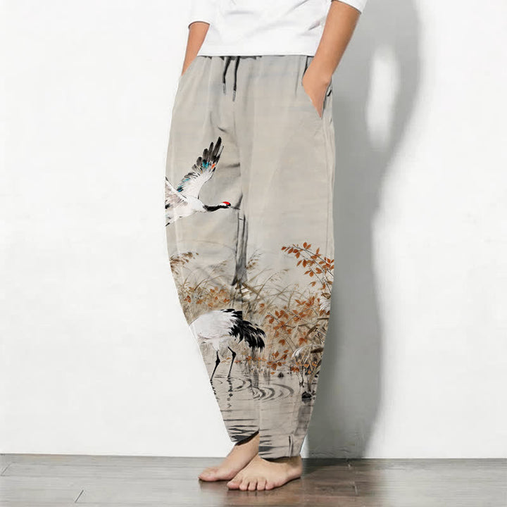 Buddha Stones Pantalones de hombre de algodón puro con estampado de grullas y cordones, corte ajustado y bolsillos. - image 1