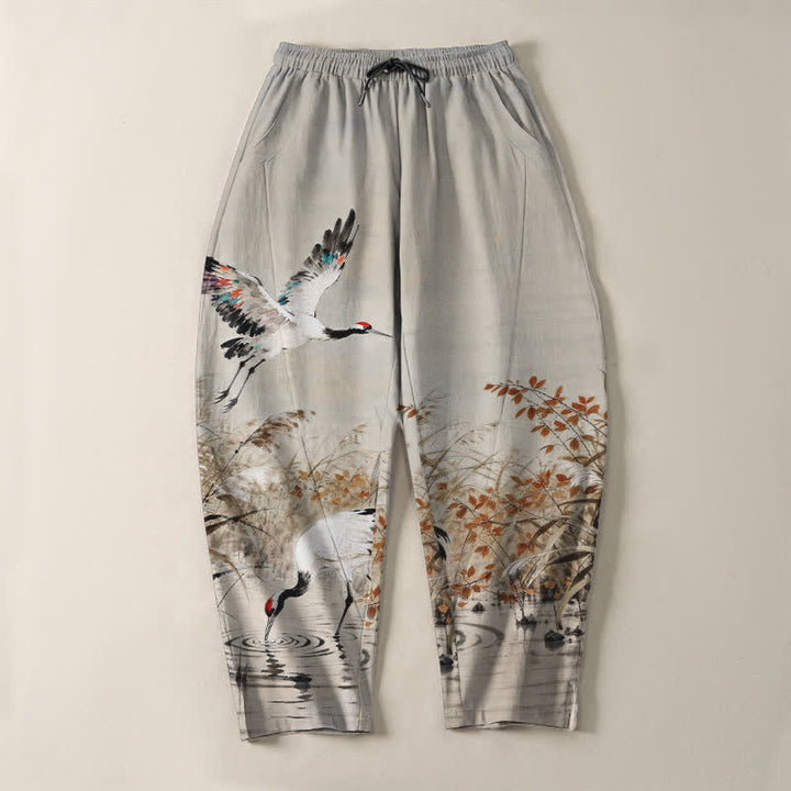 Buddha Stones Pantalones de hombre de algodón puro con estampado de grullas y cordones, corte ajustado y bolsillos. - image 2