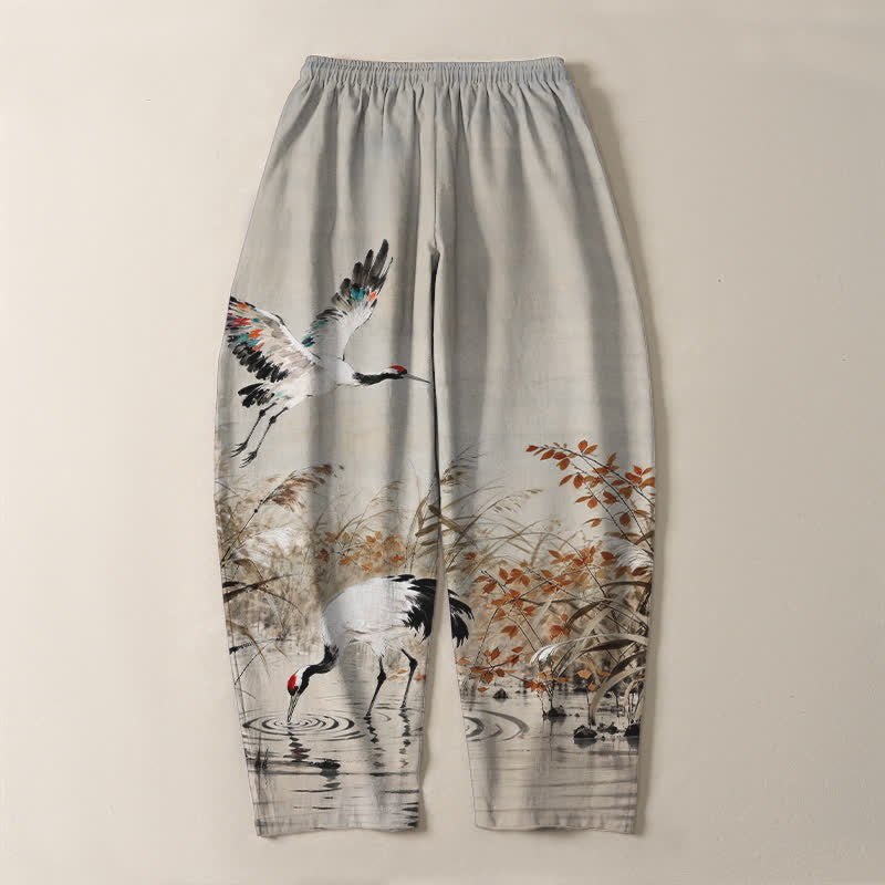 Buddha Stones Pantalones de hombre de algodón puro con estampado de grullas y cordones, corte ajustado y bolsillos. - image 3