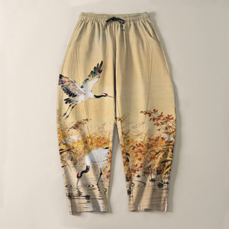 Buddha Stones Pantalones de hombre de algodón puro con estampado de grullas y cordones, corte ajustado y bolsillos. - image 9