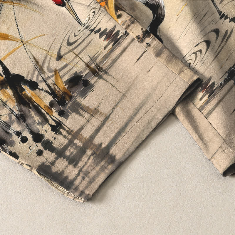 Buddha Stones Pantalones de hombre de algodón puro con estampado de grullas y cordones, corte ajustado y bolsillos. - image 12